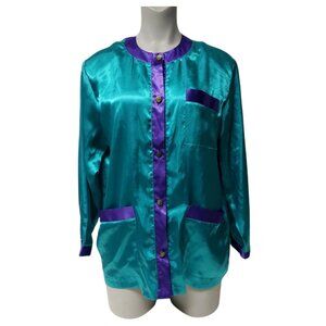 90s Inner Most green and purple color block satin button front pajama top . L